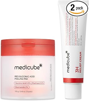 medicube Almohadilla aclarante y crema calmante Duo: almohadilla de ácido succínico rojo y humectante diario 3H | Exfoliación suave para una piel más clara y radiante | Rutina de cuidado de equilibrio
