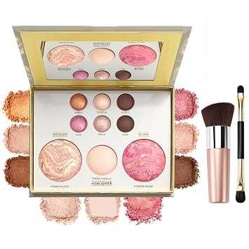 La mejor paleta de maquillaje facial horneada todo en uno para mujeres mayores, incluye sombra de ojos, rubor, bronceador, resaltador y pincel, brillo y mate, colores pigmentados construibles, kit de maquillaje apto para viajes
