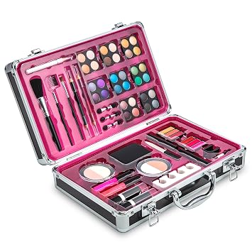 Vokai Kit de maquillaje – 32 sombras de ojos, 6 brillos de labios, 2 varillas de brillo de labios, 2 lápices labiales, 1 polvo facial Duo 1 polvo de rubor Duo 1 rímel – Estuche con asa de transporte