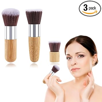 3 brochas de maquillaje con cerdas sintéticas y mango de bambú para líquidos, crema, polvo impecable, aplicación de maquillaje profesional