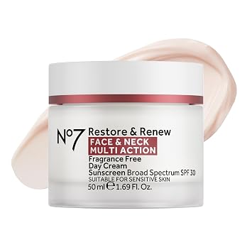 No7 Restore & Renew Multi Action Face & Neck SPF 30 Day Cream - Firming & Hydrating Face Moisturizer with Hyaluronic Acid to Help Reduce the Appearance of Wrinkles - Fragrance-Free (1.69 Fl Oz)