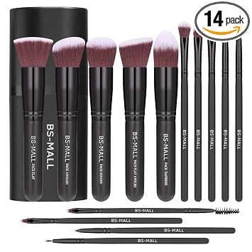 BS-MALL - Pinceles de maquillaje premium, 14 unidades, base sintética, polvos correctores, sombra de ojos de color plateado, negro, conjuntos de pinceles de maquillaje