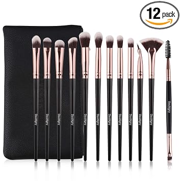 Daubigny Brochas de maquillaje de ojos, 12 piezas profesionales para sombra de ojos, corrector, cejas, base, juego de pinceles para mezclar crema líquida en polvo con bolsa de transporte (negro)