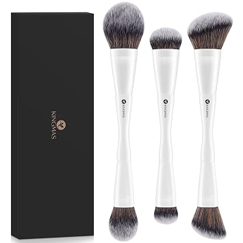 KINGMAS Juego de brochas de maquillaje para base de 3 piezas - Kabuki de doble punta, brocha grande para base, brocha mediana para corrector, brochas pequeñas para contorno, para maquillaje líquido
