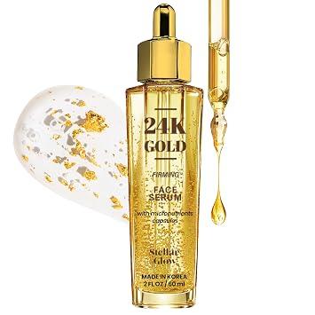 Stellar Glow Suero de oro de 24 quilates y ácido hialurónico para cara, dermatólogo, cuidado de la piel antienvejecimiento, ultra hidratante para manchas, piel seca y propensa al acné, coreana, vegana, belleza limpia, 2 onzas líquidas