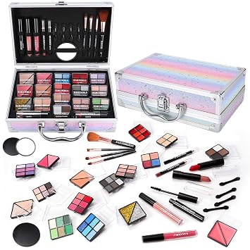 Kit de maquillaje para mujeres y niñas, juego de regalo de maquillaje de moda para principiantes, profesionales y viajeras con estuche, maquillaje esencial con paleta de sombras de ojos, brillo de