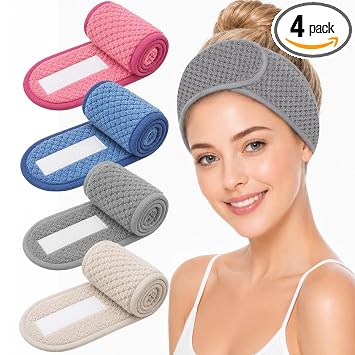 MaopaoBeauty 4 diademas de spa para lavar la cara, diadema suave para mujer, diadema de maquillaje ajustable, diadema de toalla para el cuidado de la piel para máscara facial y ducha (25 pulgadas