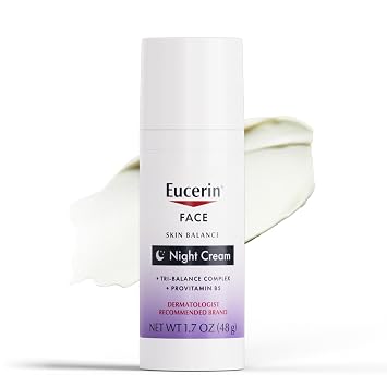 Eucerin Crema Nocturna Skin Balance, Crema Hidratante Facial para Piel Sensible Enriquecida con Complejo Tri-Balance, Botella de 1.7 Oz