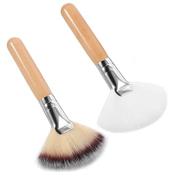 2 Pcs Fan Makeup Brushes Set with Long Handles, Soft White and Bristles, Facial Highlighter and Setting Powder Brushes for Precise Face Makeup Application