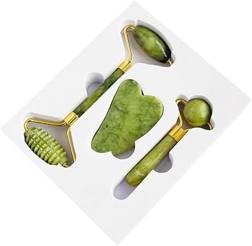 Juego de masaje de rodillo de jade hsiuyen de cristal natural 3 en 1, palos de masaje de jade para ojos y cara y tablero de gua sha, caja de terapia natural tradicional china