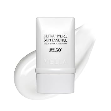 VELLA Ultra Hydro Sun Essence, protector solar hidratante K-Beauty con ácido hialurónico y pantenol, esencia solar ligera para piel hidratada, para todo tipo de piel, 1.69 onzas líquidas (1.7 fl oz)