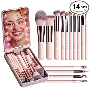 BS-MALL - Set de brochas de maquillaje con espejo LED, 14 piezas, base en polvo, correctores, sombras de ojos, mini brochas de maquillaje (APINK)