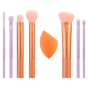 Real Techniques - Juego de 8 piezas de brochas y esponjas Level Up, brochas de maquillaje para sombra de ojos, base, colorete y bronceador, esponja para mezclar maquillaje, cerdas sintéticas, relleno