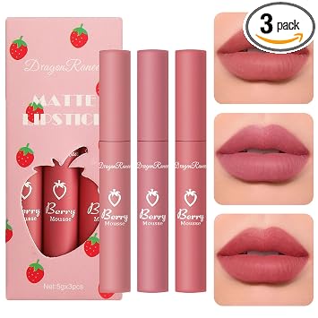 Sulily 3 Pcs Matte Lipstick for Women, Rose Red Nude Liquid Lipstick Makeup