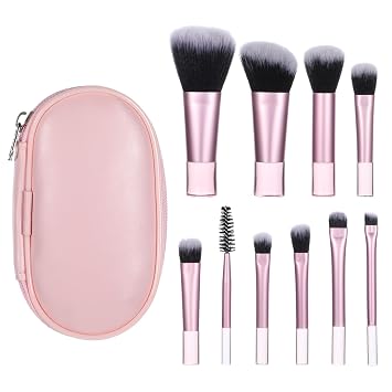 Juego de 10 brochas de maquillaje de viaje con bolsa, color rosa, portátil, brochas de maquillaje de viaje profesionales, kits esenciales de viaje para mujeres y niñas, pinceles de rubor en polvo para sombra de ojos