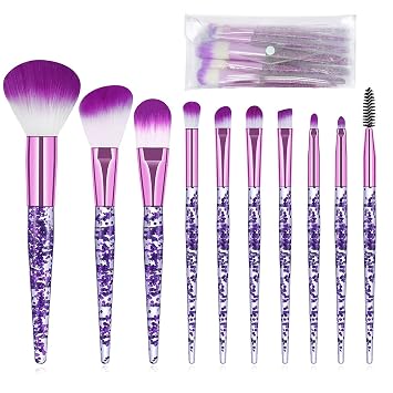 Juego de 10 brochas de maquillaje con mango de purpurina elegante, brochas de maquillaje profesionales para base de polvo facial, mezcla, rubor, sombra de ojos, delineador de ojos, pinceles cosméticos para labios con bolsa transparente (morado)