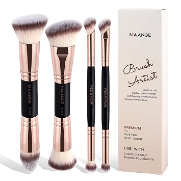 MAANGE Juego de 4 brochas de maquillaje de doble punta, para base, contorno, rubor, mezcla, corrector, sombra de ojos, cepillo profesional para la cara (negro dorado)