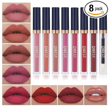 QiBest Juego de 7 lápices labiales líquidos mate + 1 kit de maquillaje voluminizador de labios, juego de brillo de labios pigmentado de larga duración, terciopelo impermeable para Halloween