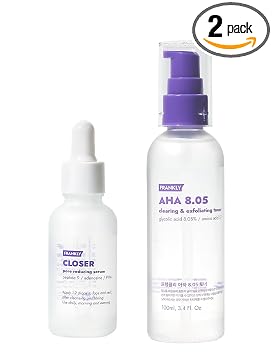 FRANKLY Dúo perfeccionador de poros: suero más cercano y tóner AHA 8.05 | Regalos para el cuidado de la piel | Minimizador de poros, fórmula antienvejecimiento, ácido glicólico y péptido | Textura suave y resplandor | Set coreano para el cuidado de la piel