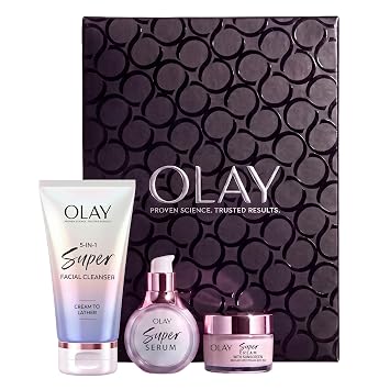 Olay Paquete de regalo mini 5 en 1 para las fiestas – Super Serum Trial 0.4 onzas líquidas, súper limpiador facial de 4.5 onzas líquidas, súper crema con protector solar SPF 0.5 oz – Set de cuidado de