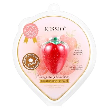 KISSIO Bálsamo labial, bálsamo labial de fresa, cuidado de los labios con pantenol B5, aceite de semilla de jojoba y ceramida, hidrata y calma los labios agrietados, reduce las líneas y mejora la elasticidad de los labios, libre de crueldad, 0.12 onzas (02