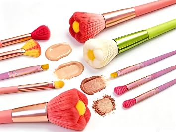 Hermoso juego de brochas de maquillaje para niñas, 10 piezas de brochas de maquillaje rojas con flores bonitas, kit de brochas de maquillaje en polvo, rubor, sombra de ojos, para adolescentes, mujeres y niñas