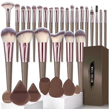 Juego de 32 brochas de maquillaje profesional – Correctores de polvo de base, colorete, sombras de ojos, 25 pinceles con 4 esponjas de maquillaje y 3 soplos de polvo