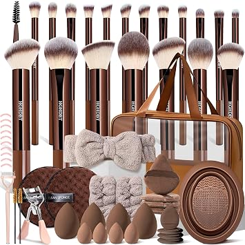 HGHDBT Juego de 57 brochas de maquillaje marrón profesional con estuche sintético prémium para base, corrector, rubor, sombra de ojos, polvo de ojos y cara, kit de brochas de maquillaje con