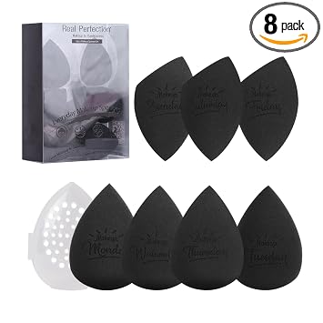 Real Perfection - Juego de esponjas de maquillaje, esponjas para mezclar, esponjas de maquillaje de belleza sin látex, 7 piezas con 1 estuche de viaje para mezclar base, crema líquida y polvo (negro)