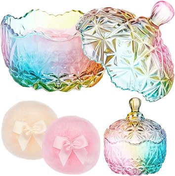 Tioncy 3 piezas de borlas grandes para polvo corporal y contenedor, contenedor de cristal, suave, lavable, reutilizable, terciopelo, purpurina para rostro y cuerpo, maquillaje húmedo y seco (colorido)