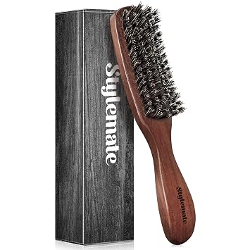 Cepillo de Cerdas de Jabalí para Hombres, Cepillo de Cabello Masculino para Peinado Hacia Atrás con Cerdas Rígidas y Mango de Madera de Nogal para Cabello Grueso y Fino, Alisado, Desenredado, Peinado