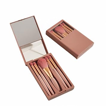 Juego de 5 brochas de maquillaje profesional con espejo y estuche de viaje, cerdas veganas hipoalergénicas para pieles sensibles, caja de regalo de lujo, kit de cosméticos portátil para novias, viajes