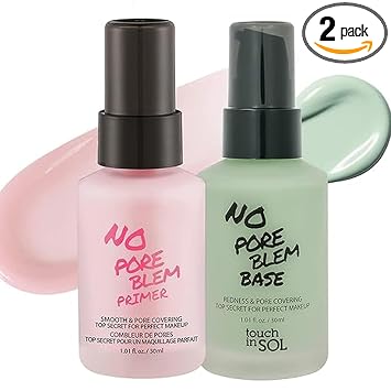 TOUCH IN SOL Best Korean Primer Duo – Sin Poreblem & Base Correctora de Enrojecimiento – Perfecto para pieles grasas y neutralización de enrojecimiento – 1.01 onzas líquidas cada uno (1.0 fl oz)