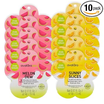 Avatara Mascarillas para debajo de los ojos para niños, paquete de 10 unidades, 5 rebanadas soleadas y 5 rocío de melón, cuidado de la piel limpias, no tóxicas de K-Beauty para niños y adolescentes