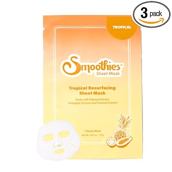 Smoothies Máscara de hoja rejuvenecedora con brillo tropical (3 unidades), mascarilla exfoliante e iluminadora con ácido glicólico, ácido láctico, enzimas PHA, papaya y piña, cuidado de la piel coreano, sin fragancia