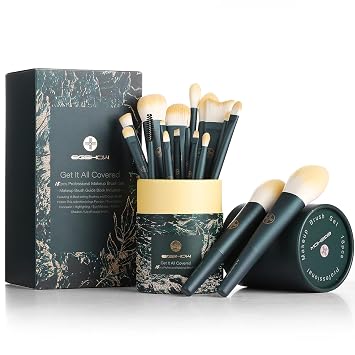 EIGSHOW Juego de 18 brochas de maquillaje profesional con soporte de cilindro ecológico de 2 tazas, base sintética de primera calidad, corrector en polvo, rubor, mezcla de ojos, labios, sin crueldad animal