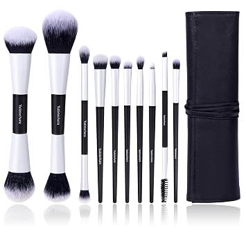 YutimeAura Juego de brochas de maquillaje 10 piezas, pinceles de maquillaje de doble extremo para bronceador, contorno, sombra de ojos, rubor, corrector, base