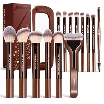 MAANGE Juego de 14 brochas de maquillaje profesionales para maquillaje, correctores de polvo sintético de primera calidad, brochas de viaje con estuche (café)