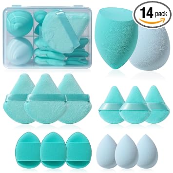 Set de esponjas para maquillaje BS-MALL Triangle Puff 14 piezas para líquido, crema y polvo, multicolor y mini esponja de maquillaje (C-Verde)