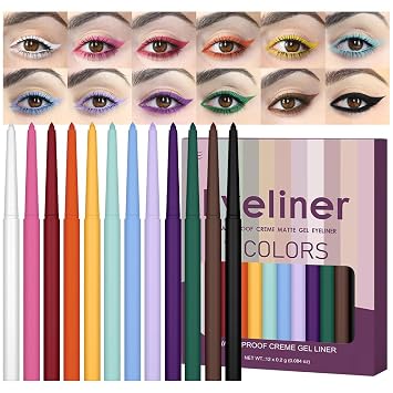 evpct Juego de 12 lápices delineadores de ojos de gel mate de colores para mujer, verde, azul, blanco, negro, castaño, amarillo, naranja, delineador impermeable para línea de agua lapiz de ojos