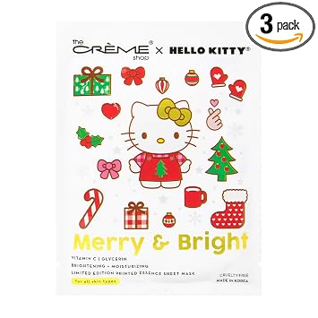 The Crème Shop x Hello Kitty Merry & Bright - Máscara de hoja de esencia impresa | Máscara de hoja coreana | Regalos de vacaciones para mujeres | Rellenos de calcetines (paquete de 3)