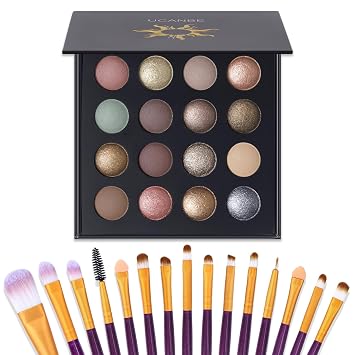 UCANBE - Paleta de sombra de ojos horneada de 16 colores con 15 pinceles de maquillaje, sombra de ojos de mezcla mate y brillante para mujeres y niñas, paleta de maquillaje impermeable altamente