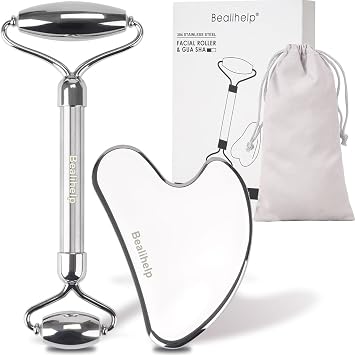 Bealihelp Rodillo facial y Gua Sha, rodillo facial de acero inoxidable y herramienta Guasha para cara, rodillo de cuidado de la piel para arrugas y levantamiento, mejora la hinchazón, masajeador facial de metal para ojos, apriete el cuello