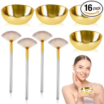 Juego de 8 cuencos y cepillos faciales dorados, 4 cuencos dorados de acero inoxidable para mezclar, 4 cepillos de ventilador facial, cepillo de máscara facial esteticista para crema de barro, maquillaje, spa y salón (8 piezas)