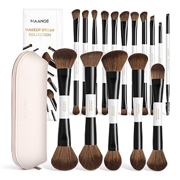 MAANGE Juego de 16 brochas de maquillaje de doble punta con estuche de viaje, pinceles de maquillaje profesional para cara y ojos, base en polvo, rubor, correctores, sombras de ojos, delineador