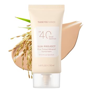 THANKYOU FARMER Sun Project - Protector solar mineral teñido de arroz SPF40 de amplio espectro, protector solar facial coreano con óxido de zinc, SPF teñido sin yeso blanco, probado por dermatólogos, 1.69 onzas líquidas
