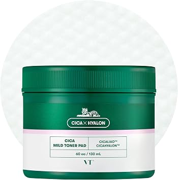 VT COSMETICS Almohadilla de tóner suave CICA (60 almohadillas) – Exfoliante, hidratante, calmante, equilibrio de pH con BHA, extracto de centella asiática, ácidos hialurónicos para uso facial diario