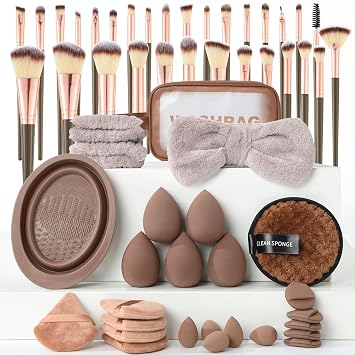 Juego de 56 brochas de maquillaje con esponja para base, corrector y sombra de ojos, kit completo de viaje marrón para una aplicación impecable y fácil portabilidad