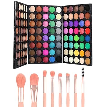 Paleta de sombras de ojos de 120 colores con 8 pinceles rosados – Mini sombra de ojos mate y brillante – Profesional 3 capas brillantes y cálidas coloridas sombra de ojos paleta de maquillaje