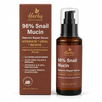 Herbs Healthy Healing Snail Mucin 96% Essence - Suero facial hidratante coreano (3.38 onzas líquidas) - Cuidado nutritivo de la piel para líneas finas, tono desigual y piel deshidratada - Fórmula